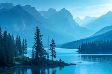 Snow-capped mountains reflect in a still lake at dawn, a scenic winter landscape