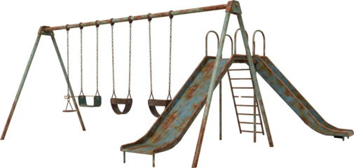 Rusty Old Playground Swings and Slide Weathered Metal Play Structure