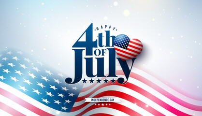4th of July Independence Day of the USA Vector Illustration with American Flag Pattern Heart and Typography Letter on Light Background. Fourth of July National Celebration Design for Banner, Greeting