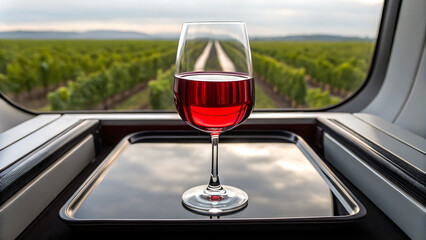 Foodie travel private jet foodie enjoys glass of red wine while travel in private jet overlooking vineyard rows in distance