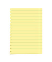 Yellow legal pad page with ruled lines, red margin line and spiral notebook holes on white background. Stationery template for notes, office, or school use. Realistic vector illustration.