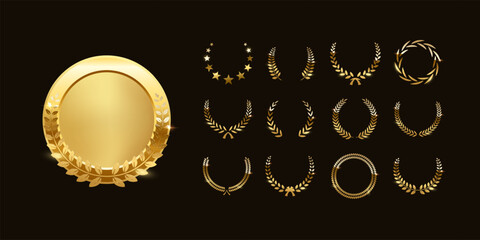 Gold award medals with laurel wreath. 3d golden metal winner emblem. Round button, stamp, frame, seal, badge, prize, trophy design element. Vector illustrations set isolated on black.