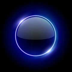 Blue neon light round frame with glowing glass surface. Futuristic illuminated button. Abstract vector illustration for UI design, sci-fi elements, modern tech interfaces.
