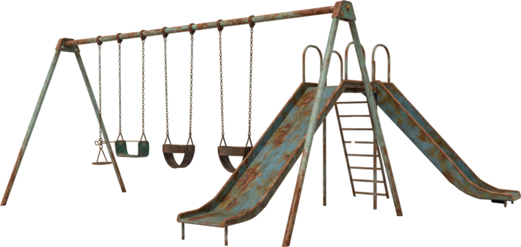 Rusty Old Playground Swings and Slide Weathered Metal Play Structure
