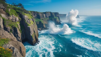 Dramatic coastline scene with crashing waves and rugged cliffs under a blue sky
