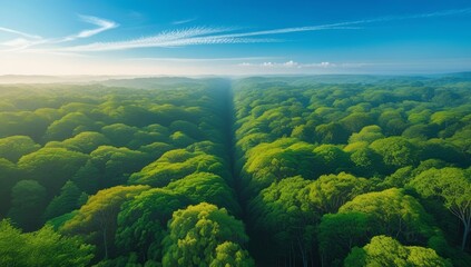 Aerial perspective of a vibrant green forest stretching towards the horizon under a clear blue sky