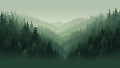 A serene forest landscape painting features layers of misty pine trees and mountain silhouettes.