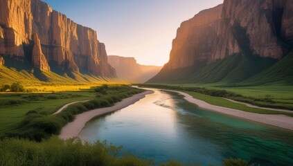 Majestic Canyon Landscape with Serene River and Golden Light at Sunrise
