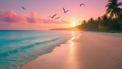 Idyllic tropical beach paradise at sunset with birds flying above the ocean