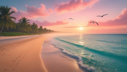Tropical beach at sunset with palm trees pink clouds and birds flying over the ocean