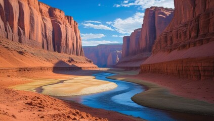 Serene River Flowing Through Majestic Red Rock Canyon with Cloudscape