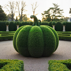 Pumpkin-shaped hedge in formal garden at sunset