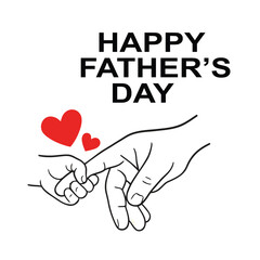 A heartwarming Father's Day illustration showing a small child gently holding their father's finger with two red hearts expressing love and bonding.

