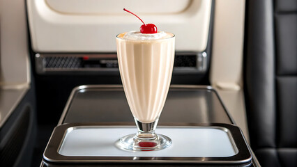 Foodie travel private jet foodie enjoys creamy milkshake with cherry top while traveling private jet with comfort and style