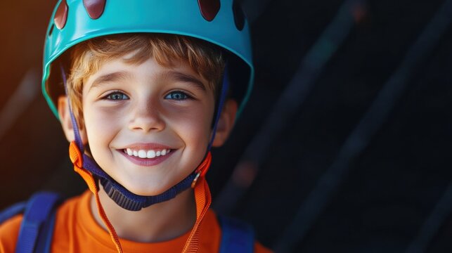 A joyful young boy with a bright smile is ready to enjoy an exciting climbing activity outdoors, wearing a colorful safety helmet