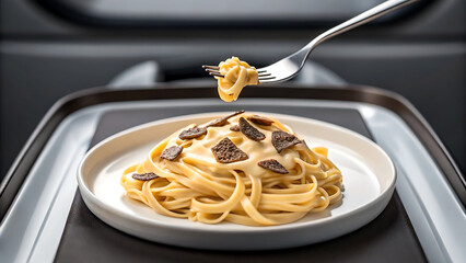 Foodie travel private jet foodie enjoys creamy pasta with truffle slices served on private jet tray during travel delight