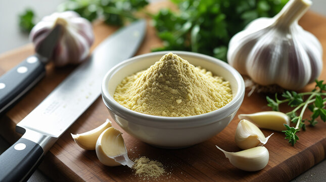 Garlic Powder and Fresh Garlic on a Cutting Board - garlic powder in a small bowl next to peeled garlic cloves and a bulb of garlic