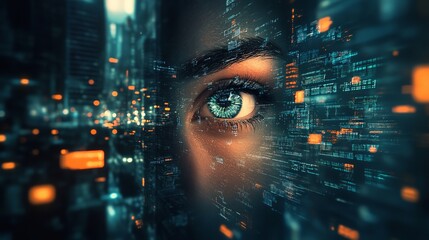 A close up of an eye with digital data overlayed creating a futuristic technology concept image effect