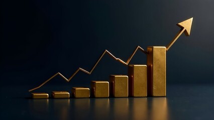 Investment in gold bars, economic growth, profit from securities stocks. save money for investment, growing stock funding exchange chart arrow going up. concept of growing economy. dark background