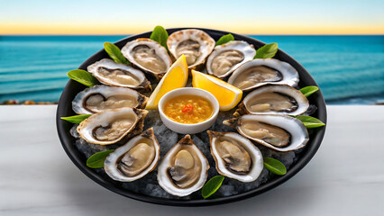 Foodie travel private jet Fresh oyster platter with lemon and sauce ice served by sea for foodie travel private jet experience