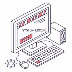 Vector illustration of desktop computer showing system error, isolated on white background