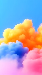 Fototapeta premium Vibrant, stylized cloudscape; pastel pink, blue, and orange hues blend in a fluffy, dreamlike formation against a clear light blue sky