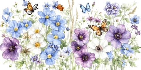 Delicate Watercolor Painting of Wildflowers and Butterflies A Stunning Floral Design
