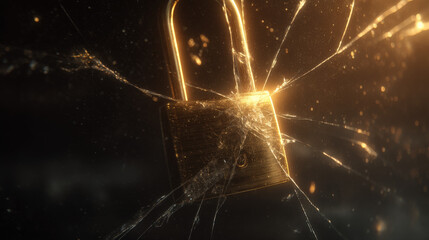 Glowing digital padlock with cracked screen symbolizing cybersecurity vulnerability and data breach risk, concept of online safety and digital protection.