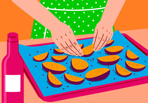 Illustration of hands preparing potatoes on a tray in a kitchen setting