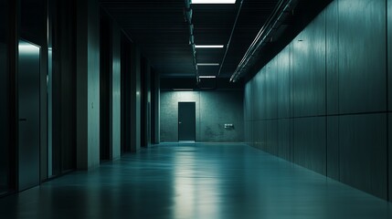 A long and dimly lit hallway with a dark door at the end and reflective flooring and ceiling lights