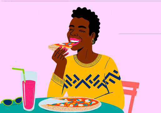 Illustration of a person enjoying pizza and a drink at a casual dining setting