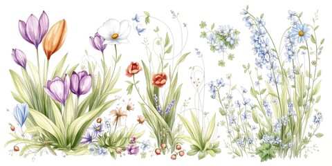 Watercolor Spring Flowers Botanical Illustration Crocus Tulips Daisies Floral Design