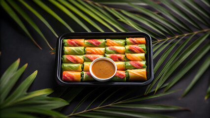 Foodie travel private jet Fresh colorful spring roll platter with peanut sauce is perfect for foodie travel and private jet