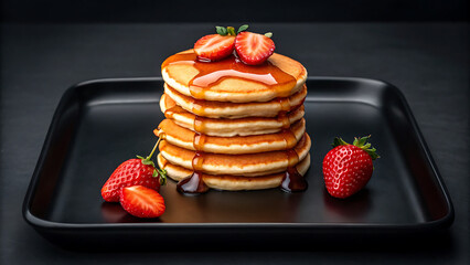 Foodie travel private jet foodie enjoying travel vibes with private jet style stack of pancakes topped with syrup and fresh