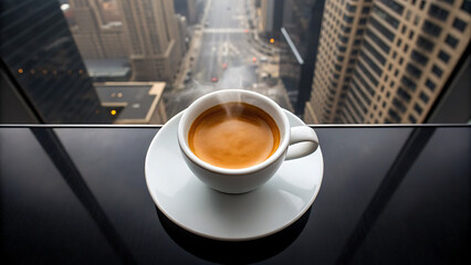 Foodie travel private jet Steaming espresso coffee white cup black table with city view perfect for foodie travel and private