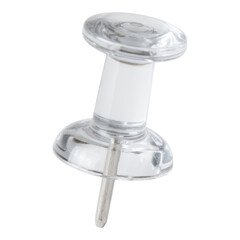 A clear push pin with a cylindrical body and sharp metal point.