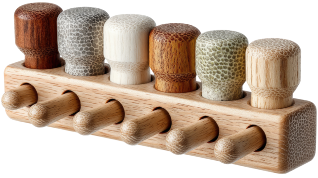 Wooden Puzzle with Color Variation: A sophisticated wooden puzzle features six uniquely colored and textured cylindrical pieces nestled within a sleek wooden base.