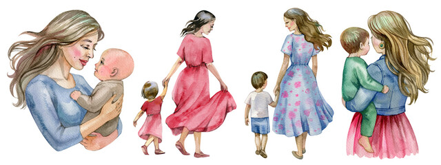 Watercolor Illustration set of Mother and Kids. Mom and baby illustration Mother's Day Greeting Card