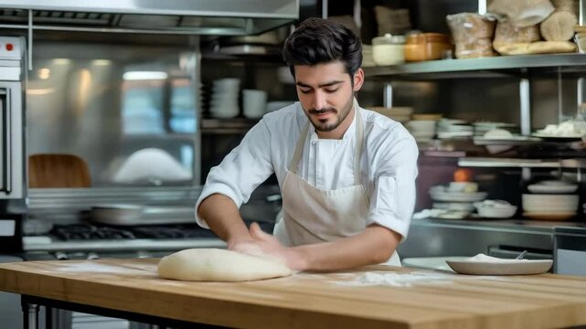 Young man master chef preparing bread dough on wooden table in kitchen