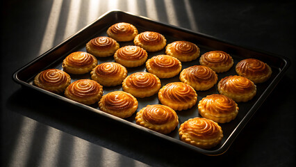 Foodie travel private jet Freshly baked round pastries tray with golden crusts perfect for foodie travel moments private jet