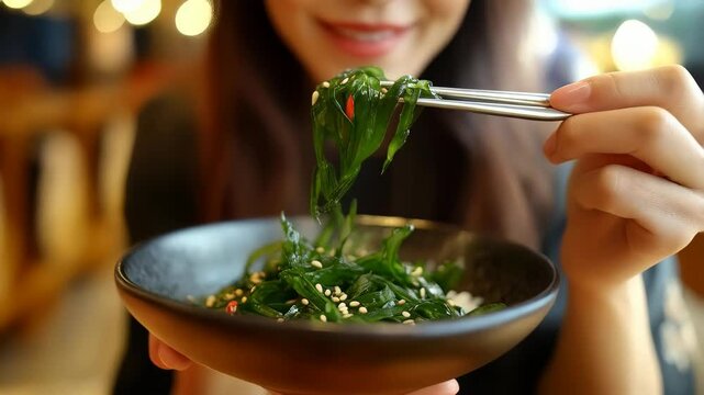 Woman eating wakame seaweed salad with sesame and chili pepper in restaurant 