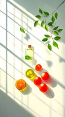 Sunlit still life of citrus, tomatoes, and a small glass bottle of essential oil, accented by a leafy branch, casting shadows on a white surface