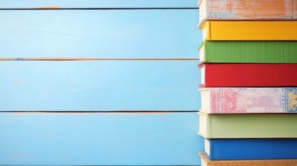 Brightly colored books are arranged vertically on a wooden surface with a blue background, highlighting diverse cover designs and textures