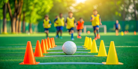 Youth soccer training drills and skills practice for kids on field - obrazy, fototapety, plakaty