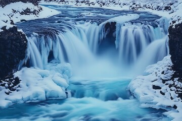 Scenic waterfall view in winter with snow and ice