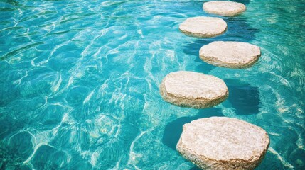 Smooth stones create a pathway across the tranquil, shimmering water in a serene swimming pool setting