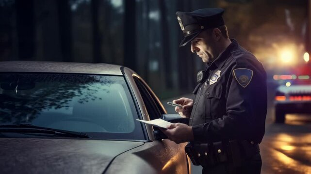 A police officer writing a ticket on the night road