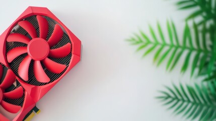 A bright red graphics card is placed on a smooth surface, accompanied by a touch of green foliage to the right