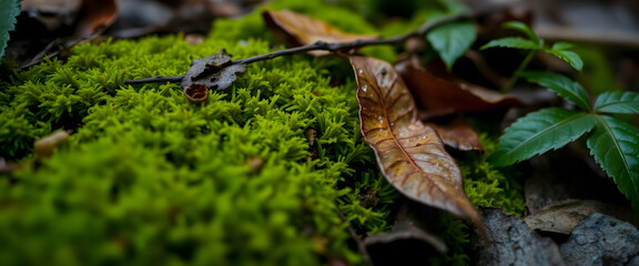Green Moss Ground with Single Fallen Brown Leaf
