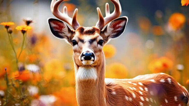 A beautiful red deer in vibrant meadow flowers. Perfect for wildlife documentaries, conservation campaigns or any project that seeks to evoke the mystery and power of this animal.